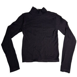 Zenana Ribbed Mock Neck Womens S/M Black Fitted Base Layer Stretch Minimalist